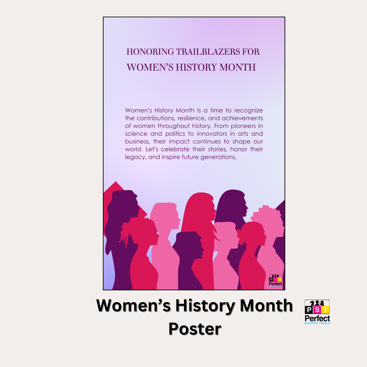 Women's History Month poster with silhouettes of women on a light purple background